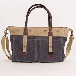 Mona B Riveted Messenger Canvas Shoulder Tote Bag Beige & Charcoal
